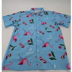 Men's Flamingo Button-Up Shirt Medium Blue Short Sleeve Wine Barefoot Hawaiian
